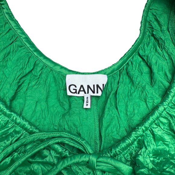 Ganni Ruched Crinkled Satin Midi Dress Women's Bright Green, Size 36 (US 4) NWOT - Picture 5 of 9
